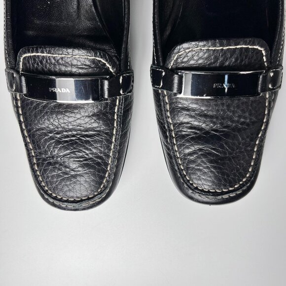 Vintage Prada Daino Black Loafers with White Stitching Women 7.5 Made in Italy - Picture 1 of 11